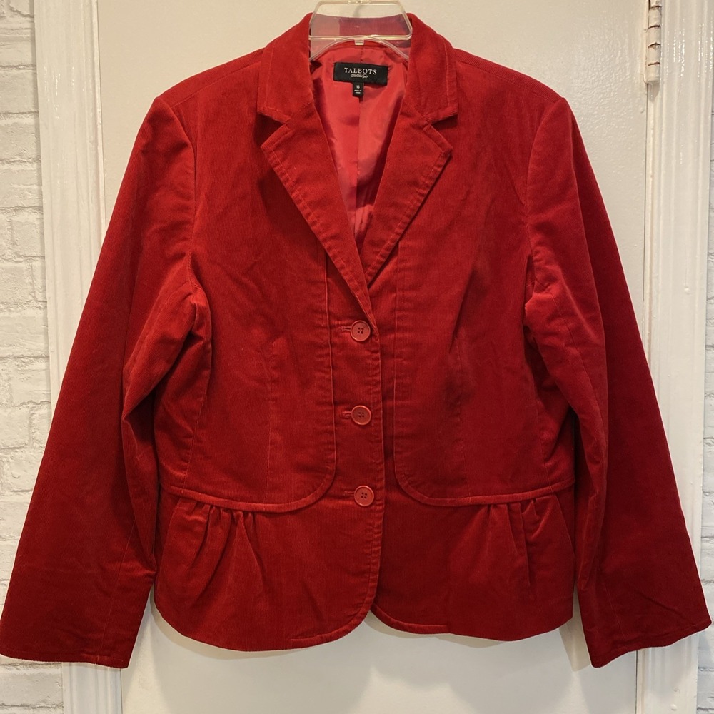 Talbots Womens Red Corduroy Ruffled Size 16 Cotton Stretch Blazer Jacket Y2K